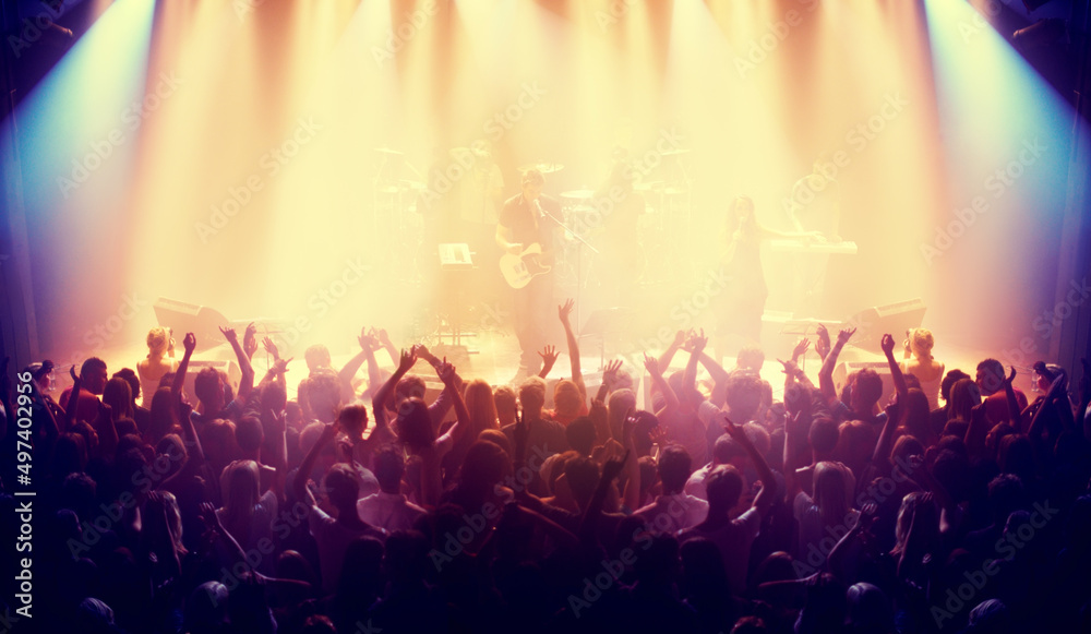 Shot of a crowd at a music concert. This concert was created for the sole purpose of this photo shoot, featuring 300 models and 3 live bands. All people in this shoot are model released.