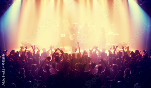 Shot of a crowd at a music concert. This concert was created for the sole purpose of this photo shoot, featuring 300 models and 3 live bands. All people in this shoot are model released.