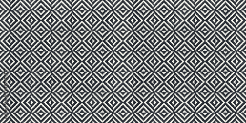 Seamless modern geometric op art squares batik surface pattern design in black and white monochrome, a trendy surreal psychedelic optical illusion textile for interior decoration or fashion.