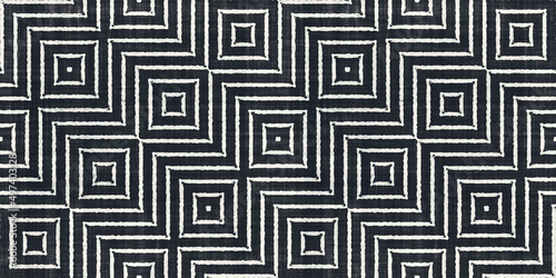 Seamless modern geometric op art squares batik surface pattern design in black and white monochrome, a trendy surreal psychedelic optical illusion textile for interior decoration or fashion.