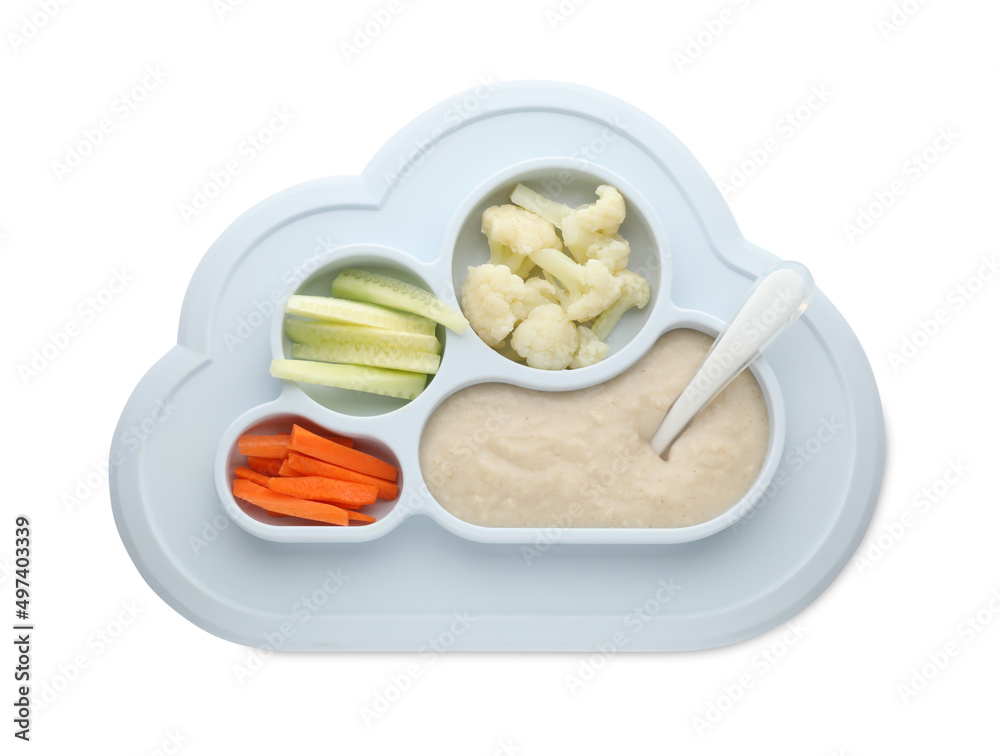 Healthy baby food in plate on white background, top view Healthy baby food in plate on white background, top view