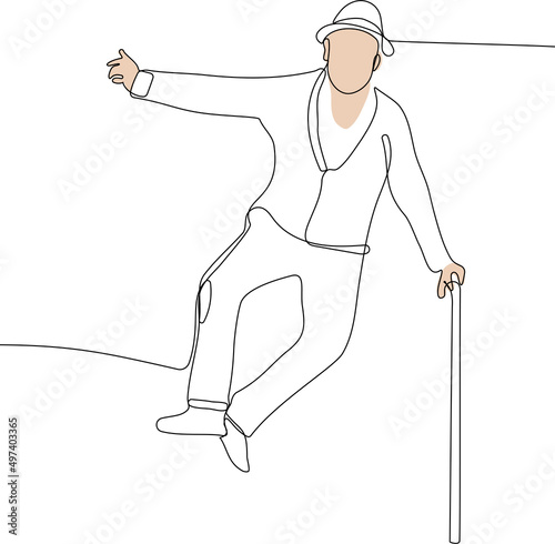 Continuous one line drawing of full length portrait of a senior man with a knee pain walking with a cane. Minimal outline concept. Vector illustration