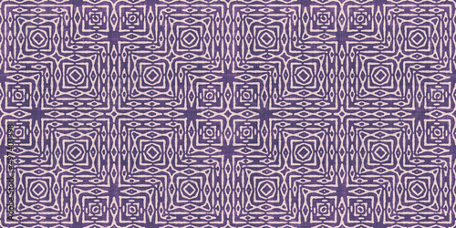 Quadro su tela Seamless vintage violet intricate retro art deco batik pattern on weathered boho textured fabric, a trendy contemporary ethnic tribal textile for interior decor and fashion