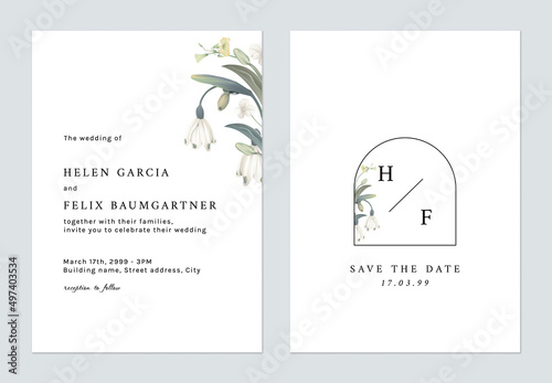 Floral wedding invitation card template design, snowdrop flowers on white