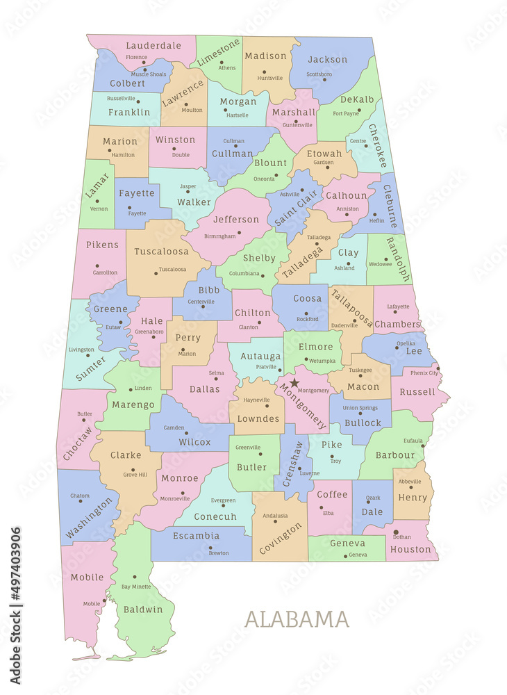 Fototapeta Alabama state administrative map with names of departments. US American Federal State highly detailed map with territory borders vector illustration on white background