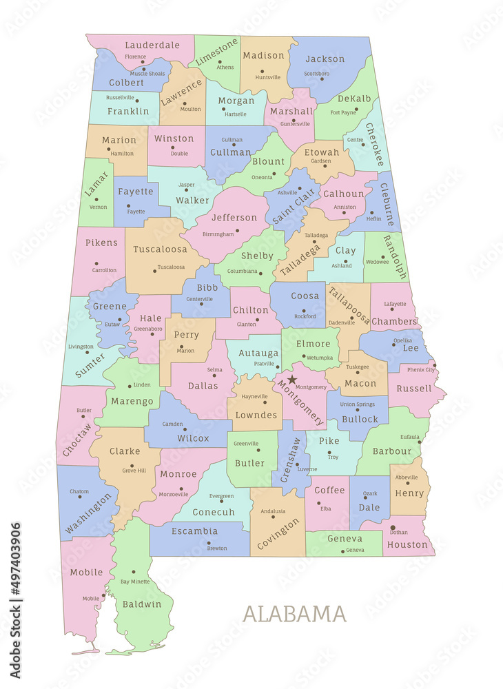 Alabama state administrative map with names of departments. US American Federal State highly detailed map with territory borders vector illustration on white background