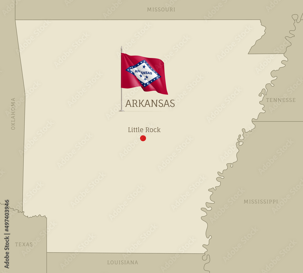 Map of Arkansas US state with waving flag. Highly detailed map of USA