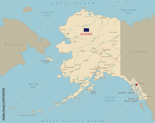 Road map of Alasaka US American Federal State. Highly detailed transportation location map with highway roads, rivers and cities for navigation or logistics vector illustration