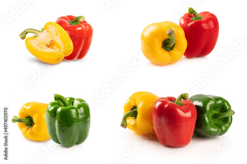 Set of red and yellow and green bell peppers isolated on white background.