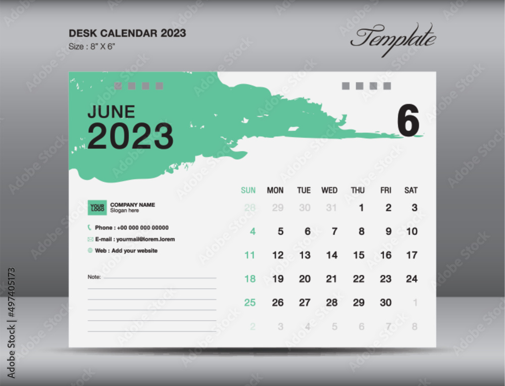Desk calender 2023 design, June  month template, Calendar 2023 template, planner, simple, Wall calendar design, week starts on sunday, printing, advertiement, Green brushstroke background, vector