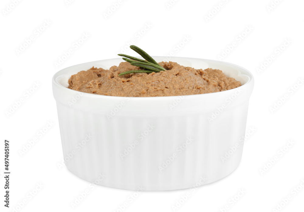 Bowl with delicious liver pate on white background Bowl with delicious liver pate on white background