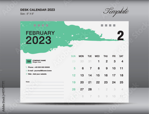 Desk calender 2023 design, February month template, Calendar 2023 template, planner, simple, Wall calendar design, week starts on sunday, printing, advertiement, Green brushstroke background, vector