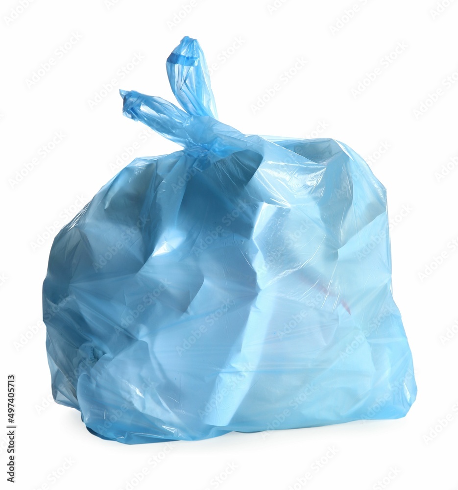 Blue trash bag full of garbage isolated on white Blue trash bag full of garbage isolated on white