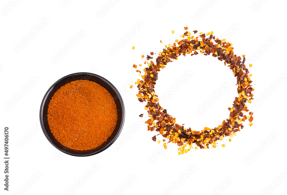 Crushed red chillies and paprika powder. dried red pepper Stock Photo