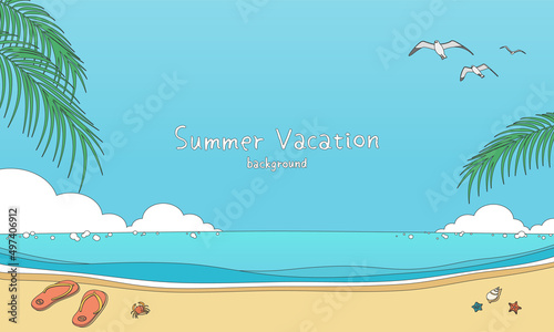 Hand drawn style vector illustration of summer sea and sky banner background with copy space. Tropical beach concept.