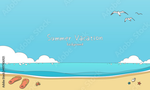 Hand drawn style vector illustration of summer sea and sky banner background with copy space. Tropical beach concept.