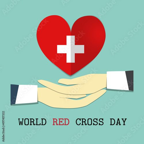 World Red Cross and Red Crescent day, White cross on a red heart above hands. Illustration.