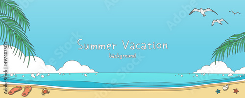 Hand drawn style vector illustration of summer sea and sky banner background with copy space. Tropical beach concept.