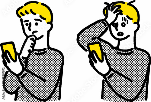 スマホを見て困惑したりネットトラブルに見舞われているシンプルでおしゃれなイラスト