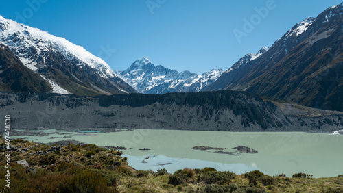 View of Mt Cook and Mueller glacier lake from Kea Point track, Mt Cook National park, New Zealand. © Janice