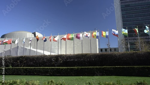 Flags flying in the wind, Slow motion flags from different countries. International flags at the United Nations in New York City. World council flags