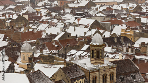 Aerial view of Brasov old town on winter day, Romania