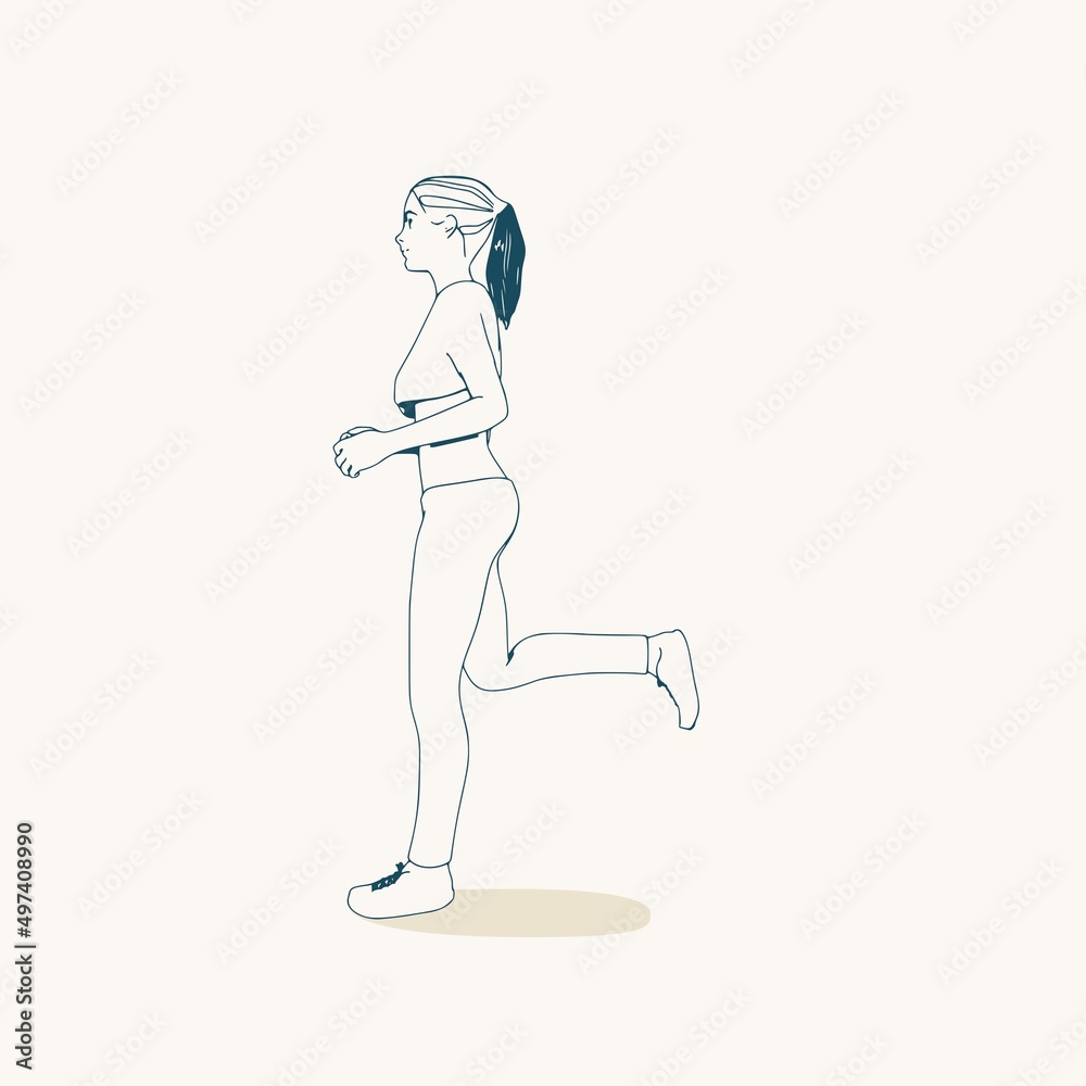 Running woman. Sport girl illustration. Casual sportwear - t-shirt, breeches and sneakers. Young woman wearing workout clothes. Sport fashion girl outline in urban casual style.