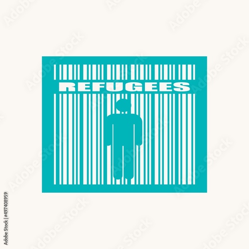 Refugees word and human icon in barcode
