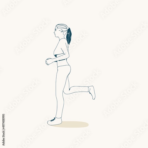 Running woman. Sport girl illustration. Casual sportwear - t-shirt, breeches and sneakers. Young woman wearing workout clothes. Sport fashion girl outline in urban casual style.