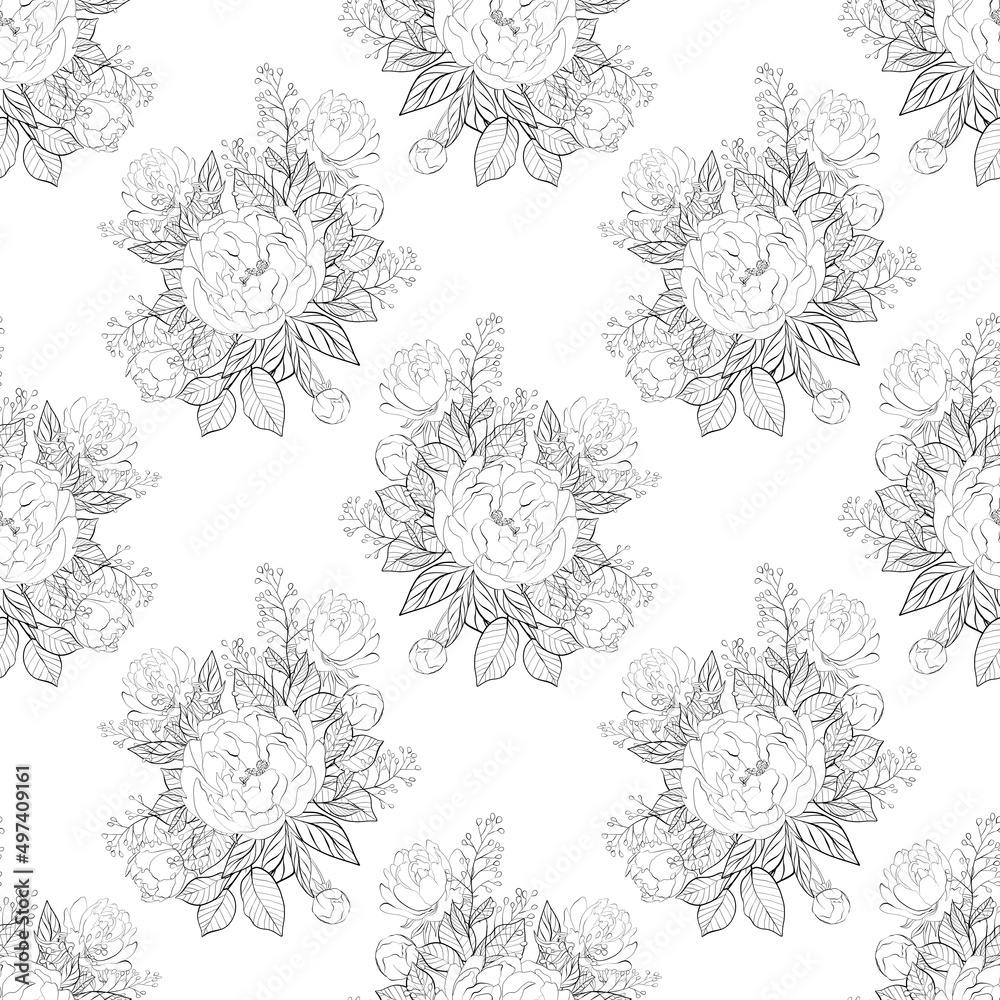 Line art flowers seamless pattern. Composition of botanical elements for fabric, wallpapper and surface design.