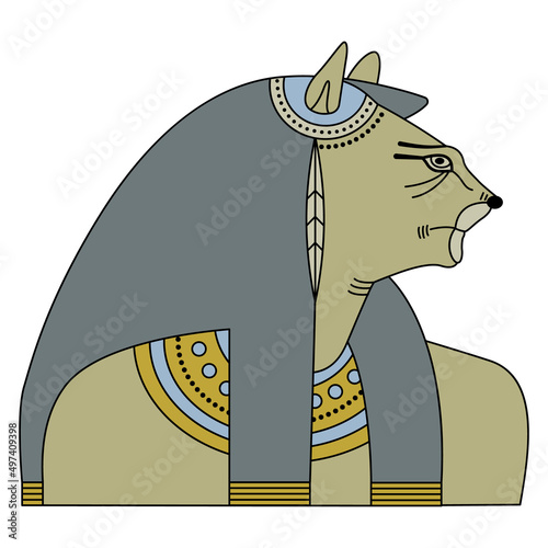 Bust of goddess Tefnut. Ancient Egyptian mythology. Woman with lioness head. Isolated vector illustration.