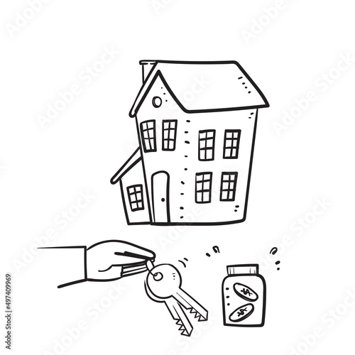 hand drawn doodle hand give key for house rental or sale illustration vector isolated