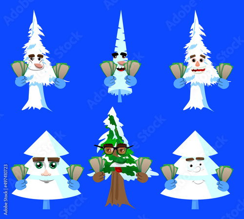 Cartoon winter pine trees with faces holding or showing money bills. Cute forest trees. Snow on pine cartoon character, funny holiday vector illustration.