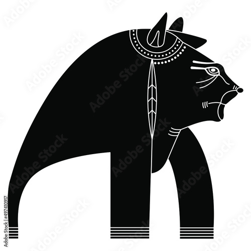 Goddess Tefnut. Ancient Egyptian mythology. Woman with lioness head. Black and white negative silhouette. Isolated vector illustration.