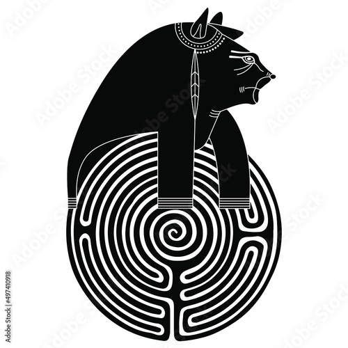 Round spiral maze or labyrinth symbol with lion head of goddess Tefnut. Ancient Egyptian mythology. Creative concept. Black and white silhouette.
