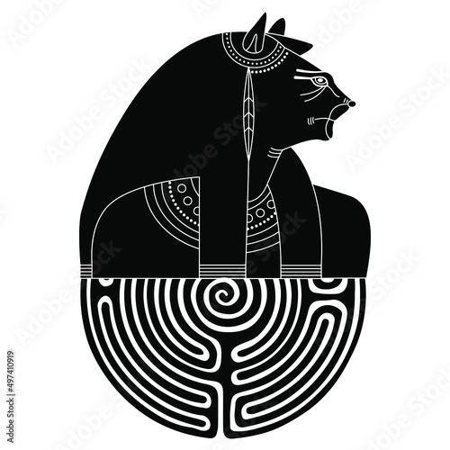 Bust of goddess Tefnut and round spiral maze or labyrinth symbol. Ancient Egyptian mythology. Creative concept. Woman with lioness head. Black and white silhouette.