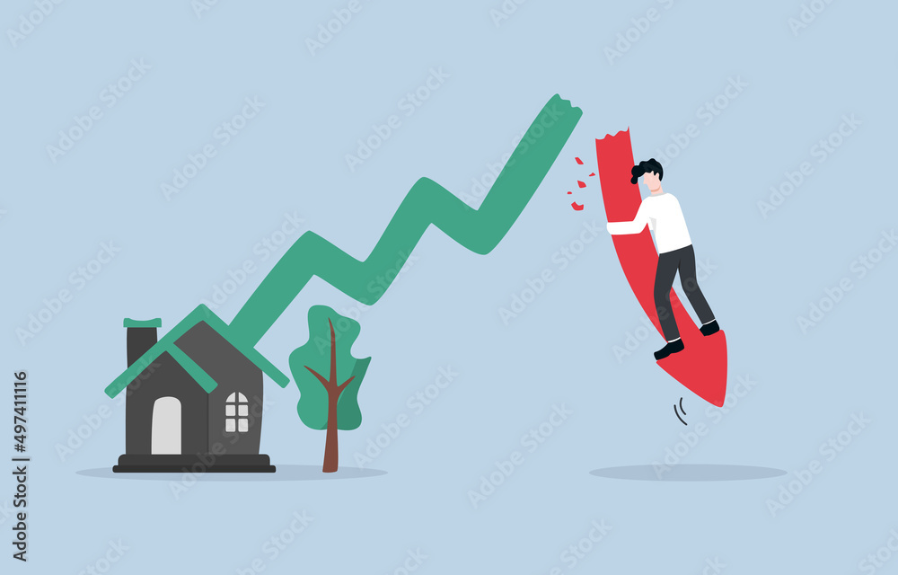 Failure speculation from estate investment, inflated real estate demand, economic bubble crisis cause investor to be in debt or bankrupt concept. Businessman holding falling red estate graph arrow.  - obrazy, fototapety, plakaty 