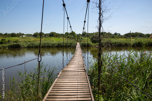Homemade suspension bridge across the Sura River in the Dnipropetrovsk region