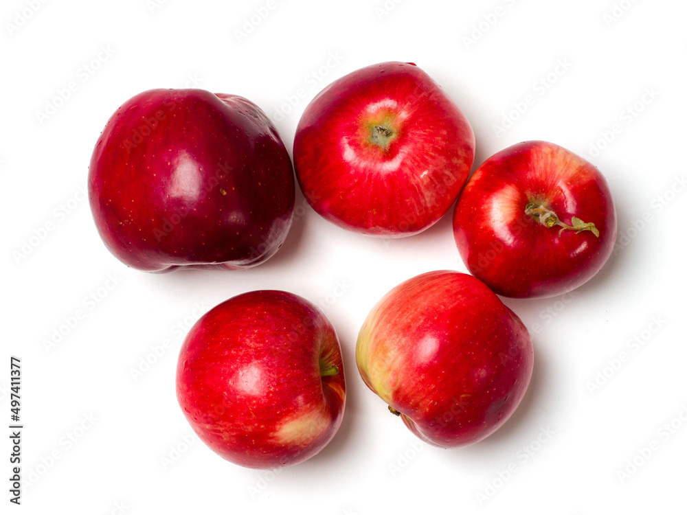 Red apples. Several fruits on a white background. Studio photography. View from above