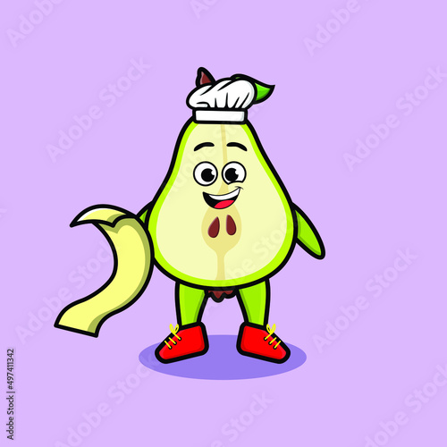 Cute cartoon pear fruit chef character with menu in hand