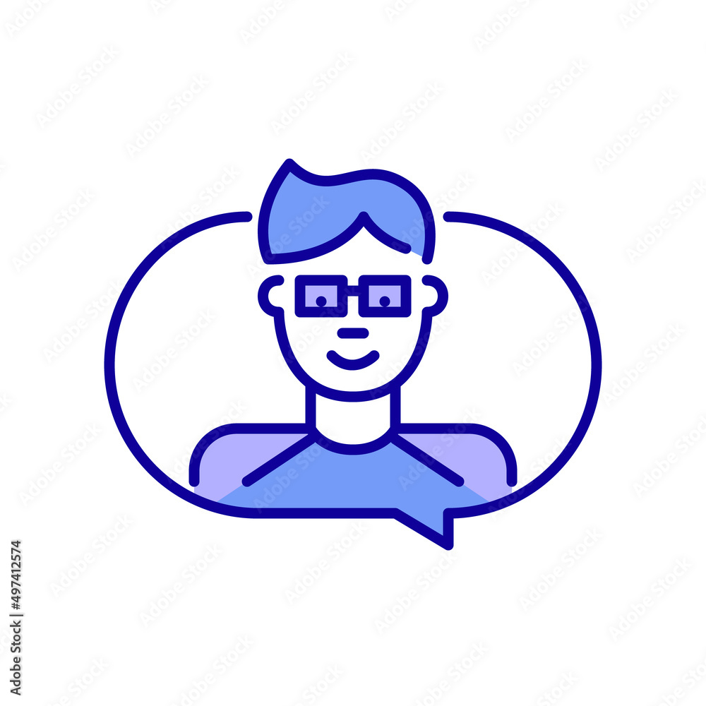 Teenager boy in t-shirt and glasses messaging. Pixel perfect, editable stroke blue and purple line icon