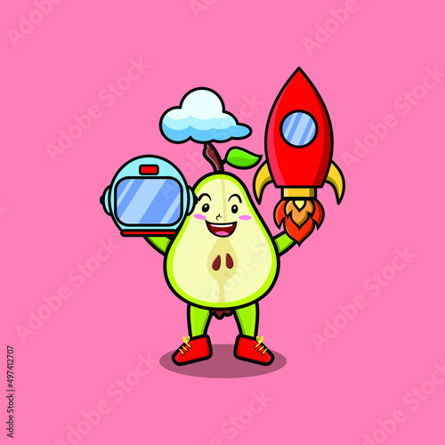 Cute mascot cartoon character Pear fruit as astronaut with rocket  helm  and cloud 