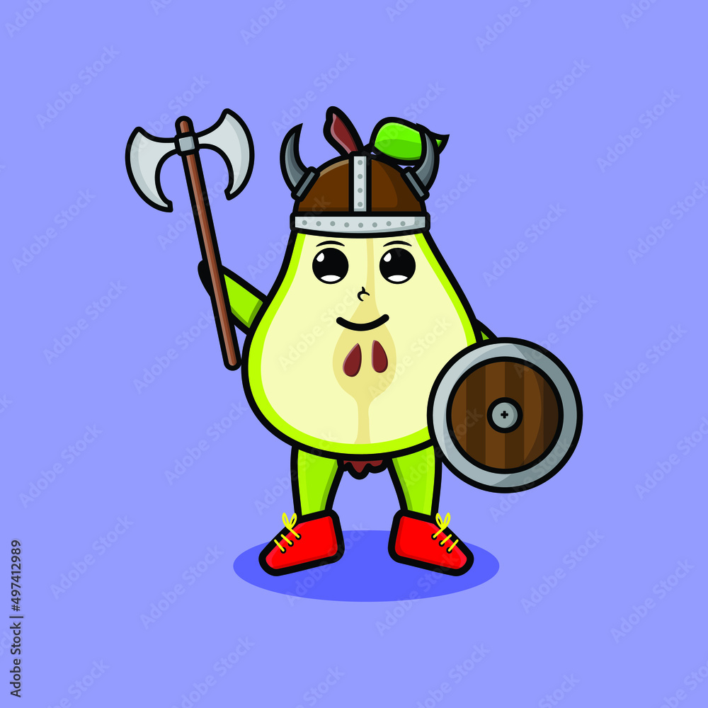Cute cartoon character Pear fruit viking pirate with hat and holding ax and shield in modern design Cute cartoon character Pear fruit viking pirate with hat and holding ax and shield in modern design
