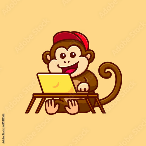 Photography cute little monkey working in front of a laptop cartoon illustration