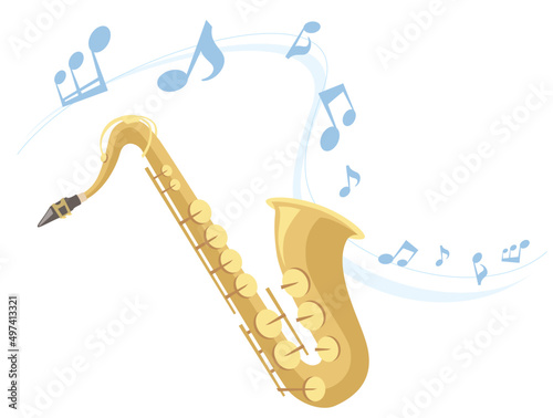 A tenor saxophone playing music on isolated white background. Vector illustration in flat cartoon style.