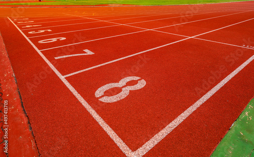 Outdoor stadium. Treadmill  tracks for running in a street stadium, close-up. Competition concept, finish or start