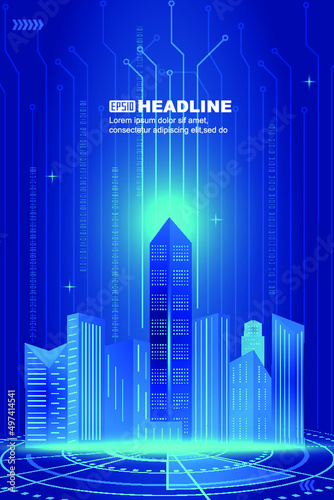 Blue circuit board turntable on building future city concept vector background