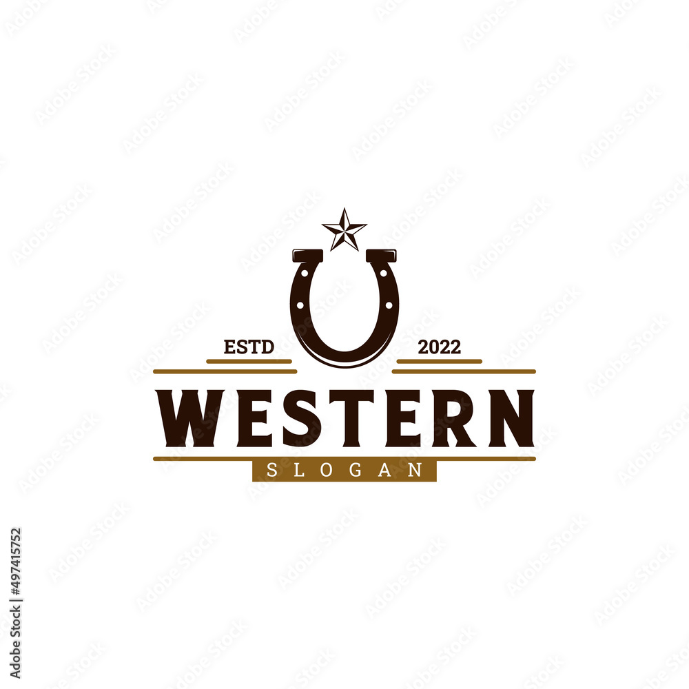 western logo design vintage, horseshoe with star logo emblem Stock
