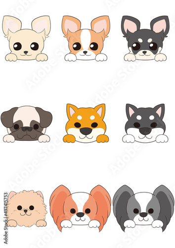 ワンちゃんの正面顏(手つき))5犬種9匹セット)ラインアート