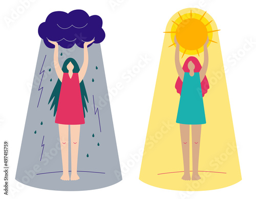 Pessimism and Optimism. The concept of choosing positive or negative thinking. The woman holds the sun or a cloud in her hands. Hand drawn Vector illustration isolated on a white background.